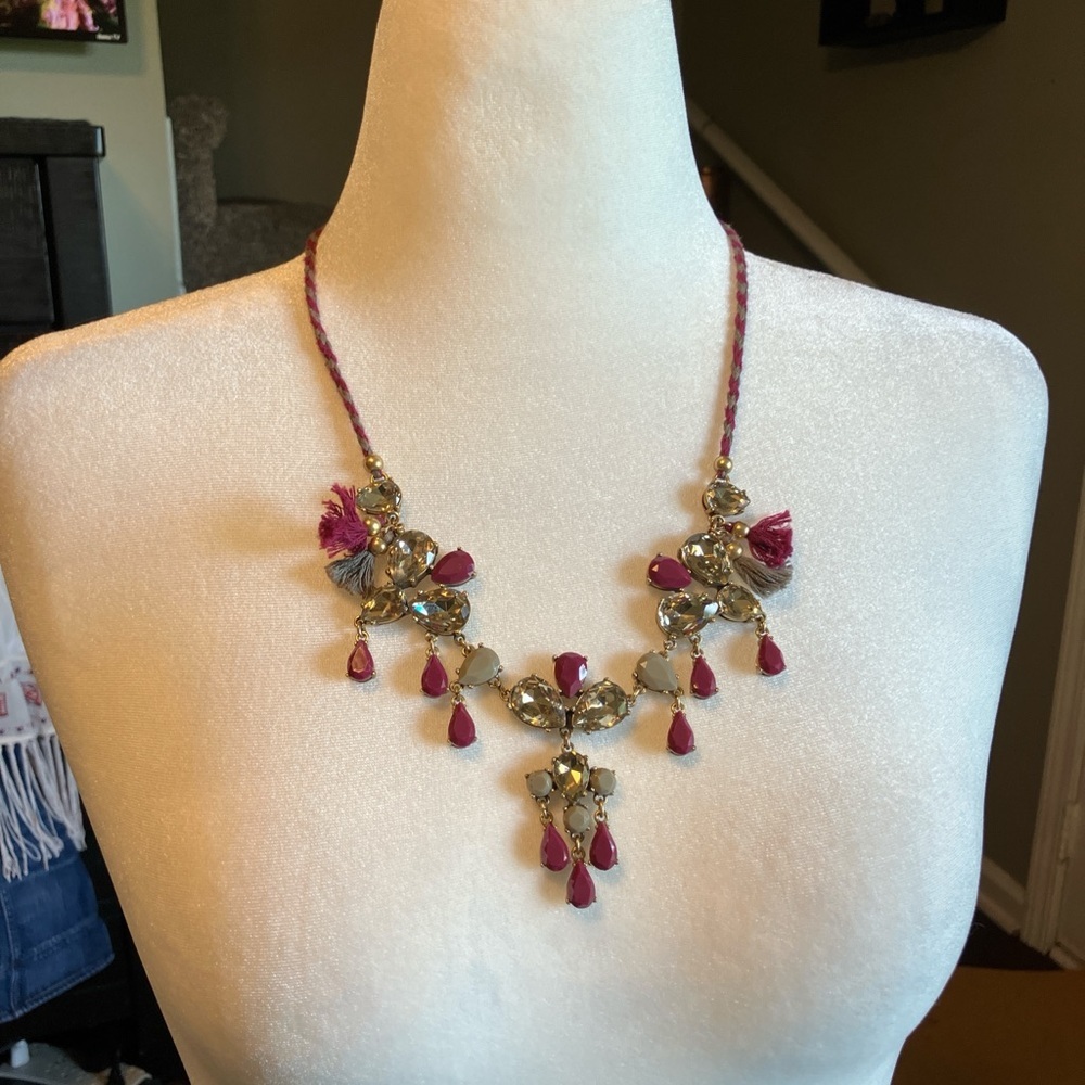 J. Crew Tie-closure Statement Necklace Purple Burnished Gold Grey